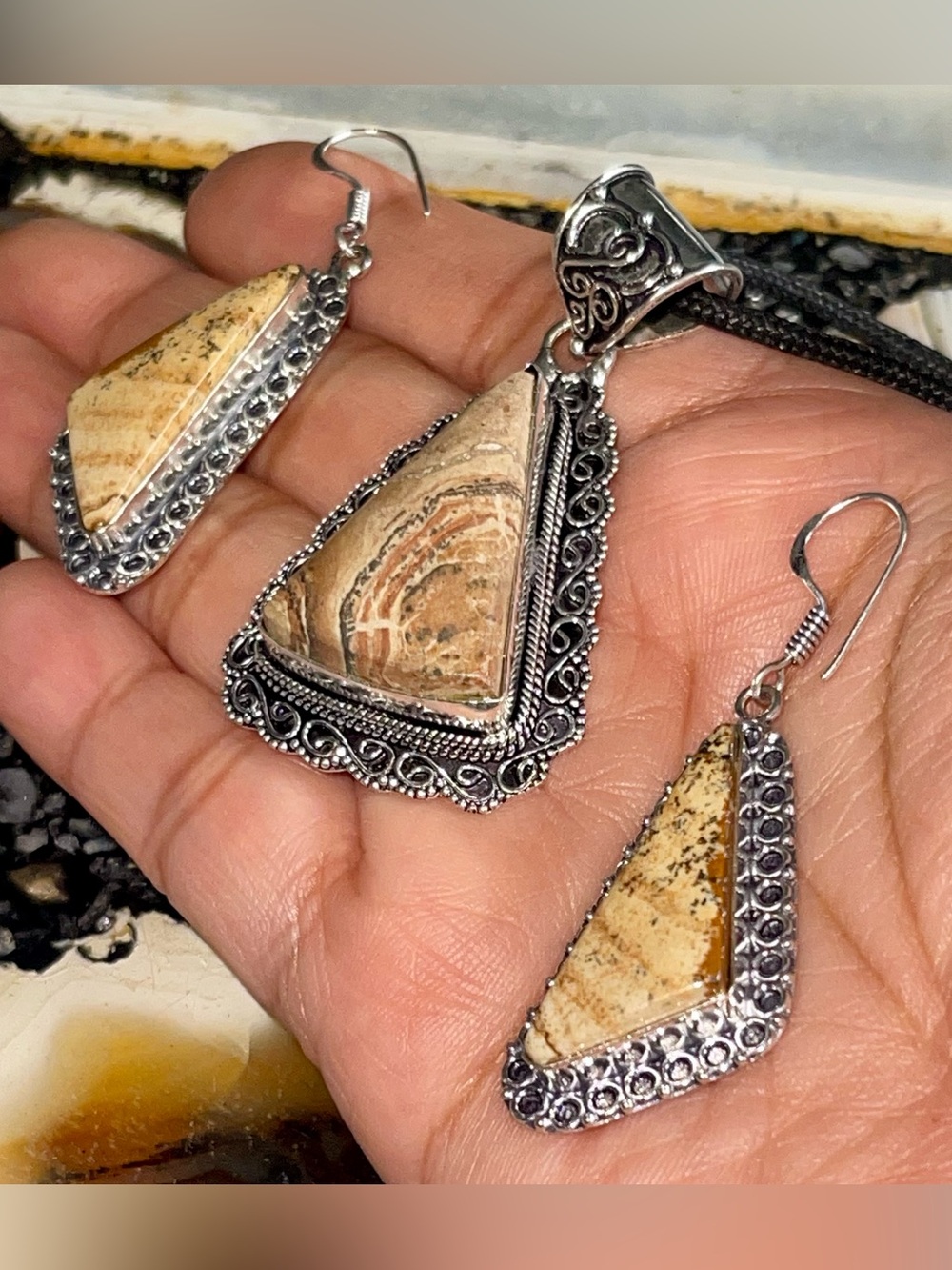 Earthy Picture Jasper Pendant & Earrings
